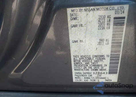 2014 Nissan Altima 2.5 Sv из США, поврежденный, VIN 1N4AL3AP8EC328643